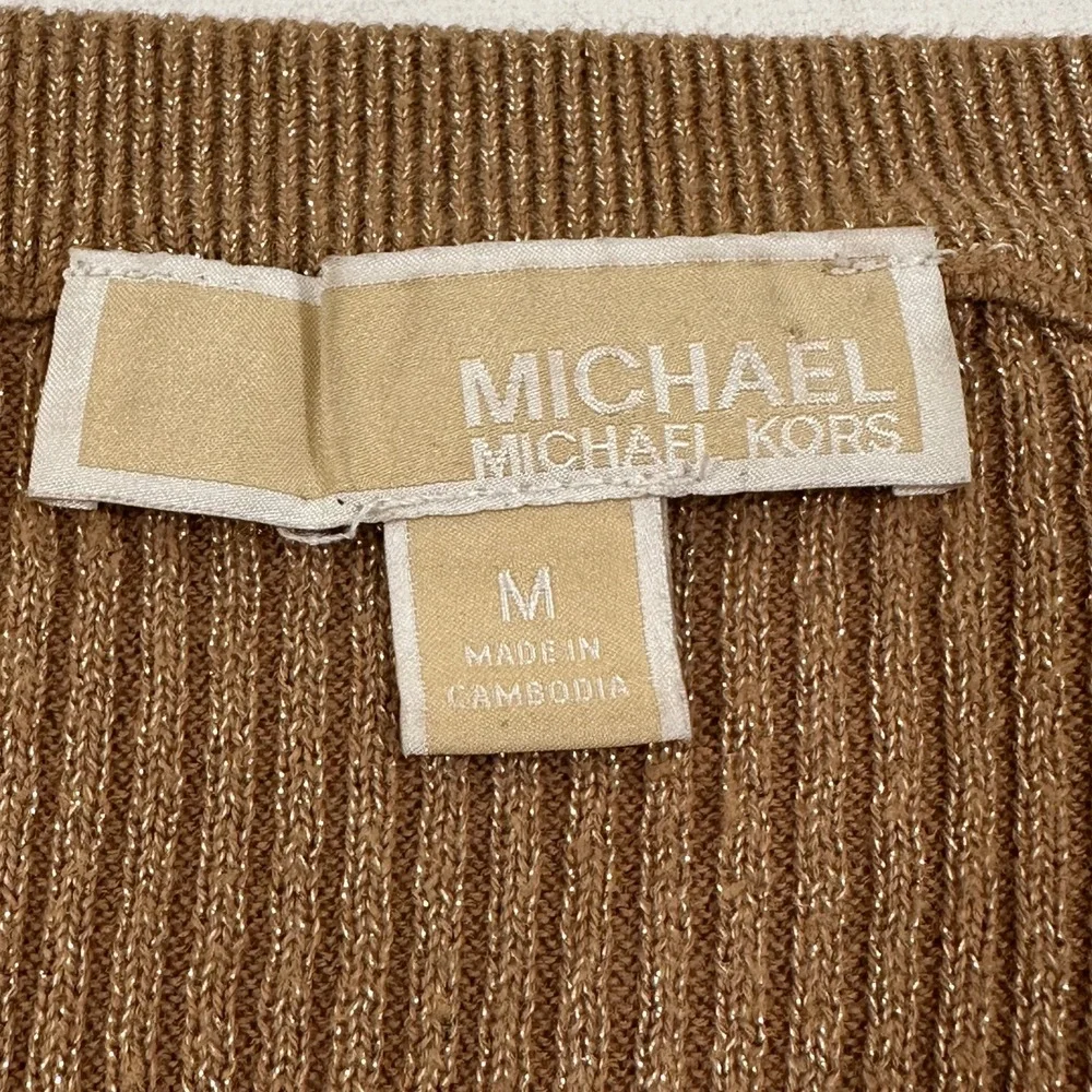 Michael Kors Ribbed Sweater Top Womens Medium Gold Metallic Square Neck‎